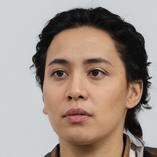Neutral asian young-adult female with medium  black hair and brown eyes