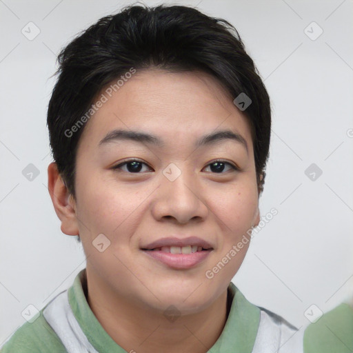 Joyful asian young-adult female with short  brown hair and brown eyes