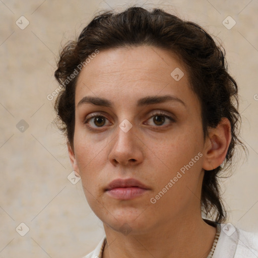 Neutral white young-adult female with short  brown hair and brown eyes