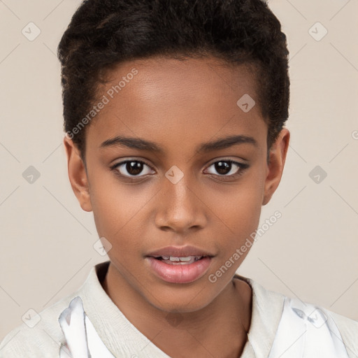 Joyful white child female with short  brown hair and brown eyes