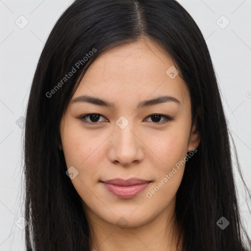 Joyful asian young-adult female with long  brown hair and brown eyes