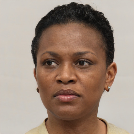 Neutral black young-adult female with short  black hair and brown eyes