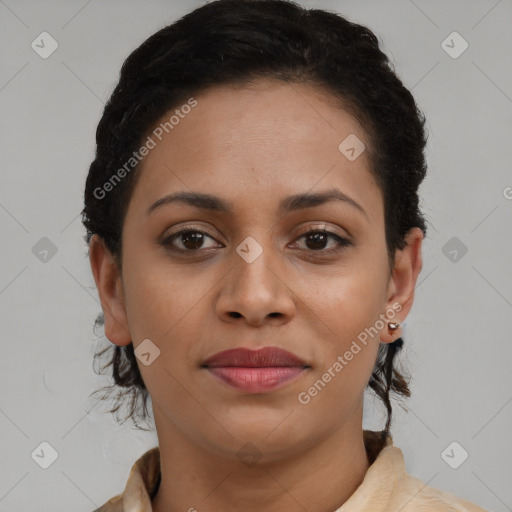Joyful latino young-adult female with short  brown hair and brown eyes