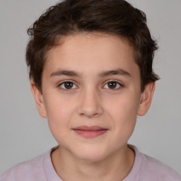 Joyful white child female with short  brown hair and brown eyes