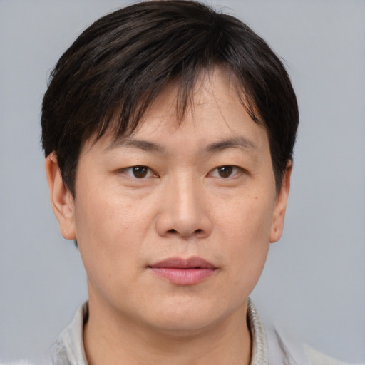 Joyful asian adult male with short  brown hair and brown eyes