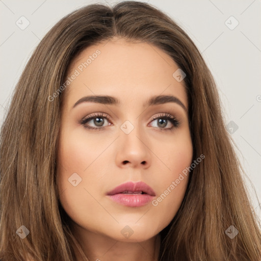 Neutral white young-adult female with long  brown hair and brown eyes