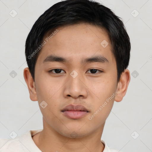 Neutral asian young-adult male with short  black hair and brown eyes