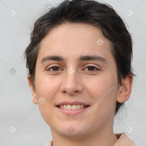 Joyful white young-adult female with medium  brown hair and brown eyes