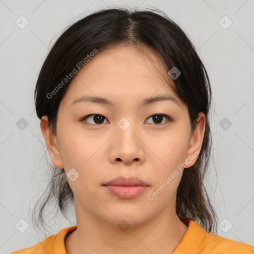 Neutral asian young-adult female with medium  brown hair and brown eyes