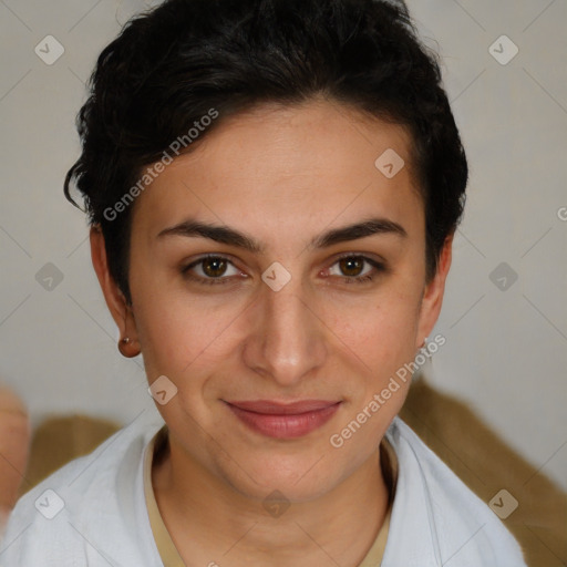 Joyful white young-adult female with short  brown hair and brown eyes