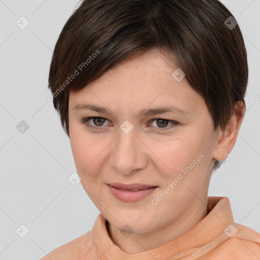 Joyful white young-adult female with short  brown hair and brown eyes