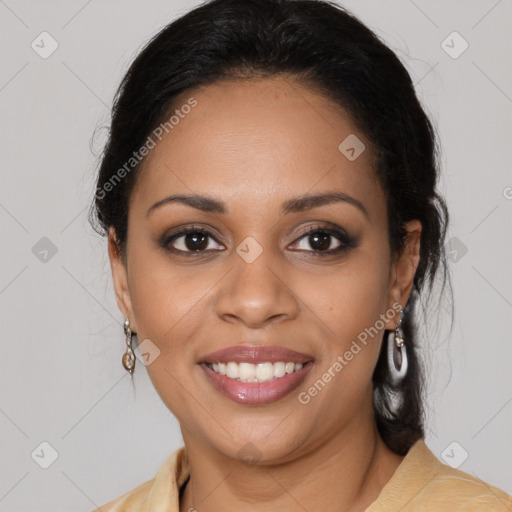 Joyful latino young-adult female with medium  black hair and brown eyes