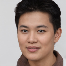 Joyful asian young-adult male with short  brown hair and brown eyes