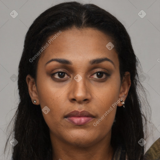 Neutral latino young-adult female with long  brown hair and brown eyes