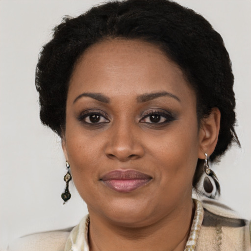 Joyful black adult female with short  brown hair and brown eyes
