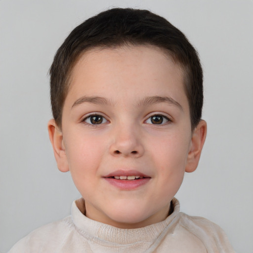 Joyful white child female with short  brown hair and brown eyes