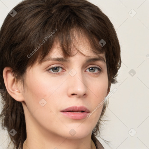 Neutral white young-adult female with medium  brown hair and brown eyes