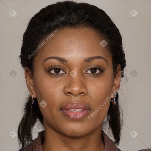 Joyful black young-adult female with medium  brown hair and brown eyes