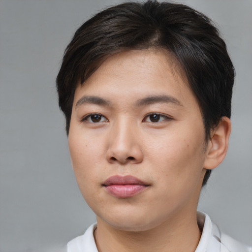Neutral asian young-adult female with short  brown hair and brown eyes