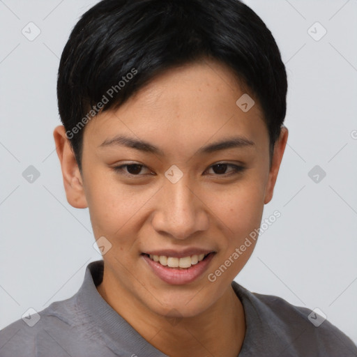 Joyful asian young-adult female with short  black hair and brown eyes