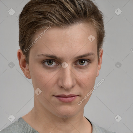 Joyful white young-adult female with short  brown hair and grey eyes