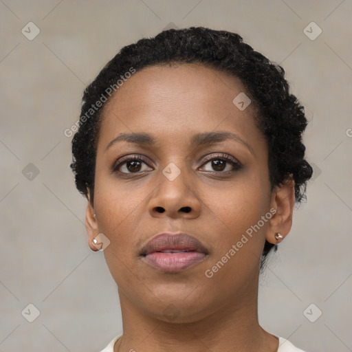 Neutral black young-adult female with short  black hair and brown eyes