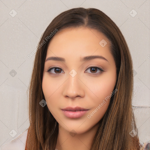 Neutral white young-adult female with long  brown hair and brown eyes