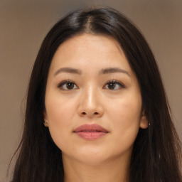 Neutral asian young-adult female with long  brown hair and brown eyes