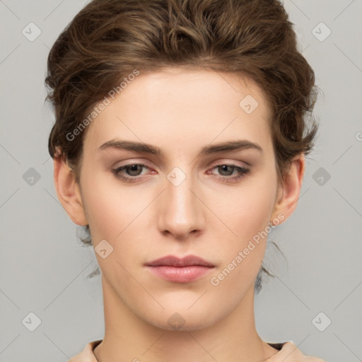 Neutral white young-adult female with short  brown hair and brown eyes