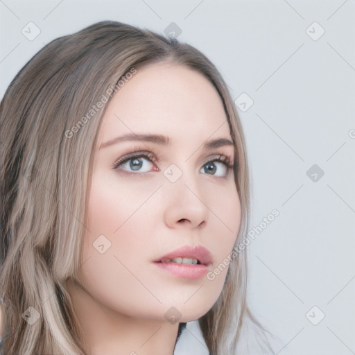 Neutral white young-adult female with long  brown hair and blue eyes