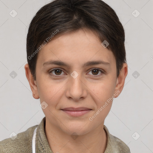 Joyful white young-adult female with short  brown hair and brown eyes