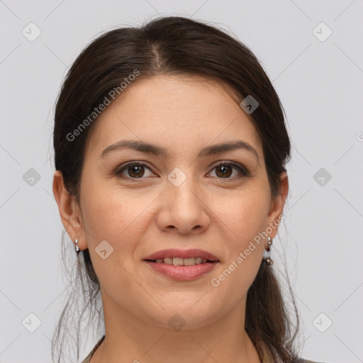 Joyful white young-adult female with medium  brown hair and brown eyes