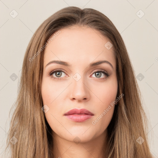 Neutral white young-adult female with long  brown hair and brown eyes