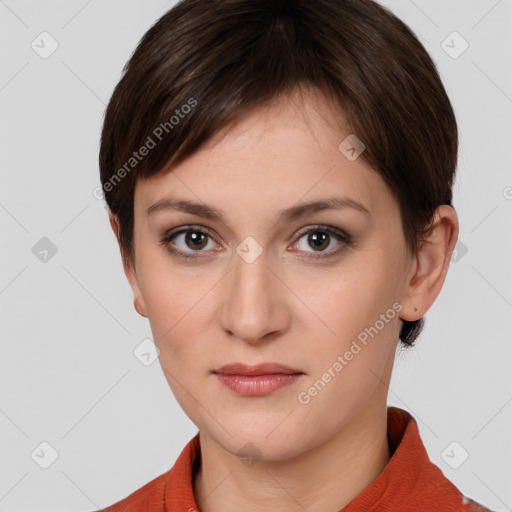 Neutral white young-adult female with short  brown hair and brown eyes