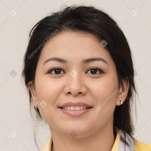 Joyful white young-adult female with medium  brown hair and brown eyes