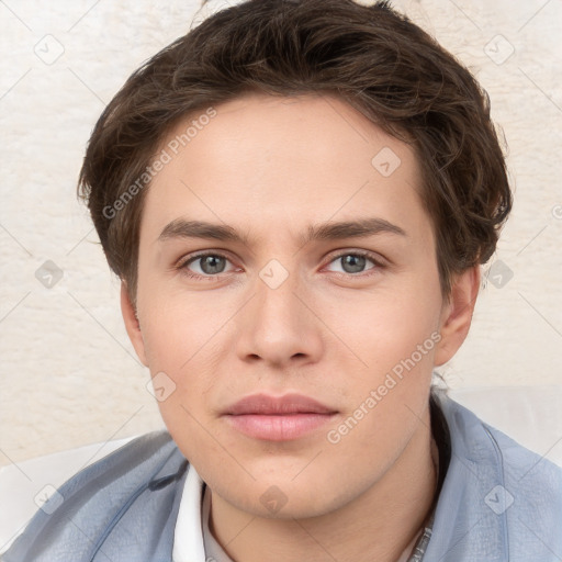 Neutral white young-adult male with short  brown hair and grey eyes