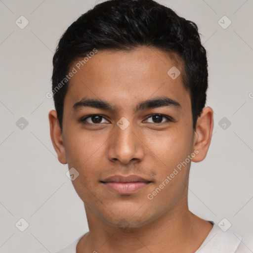 Neutral latino young-adult male with short  black hair and brown eyes