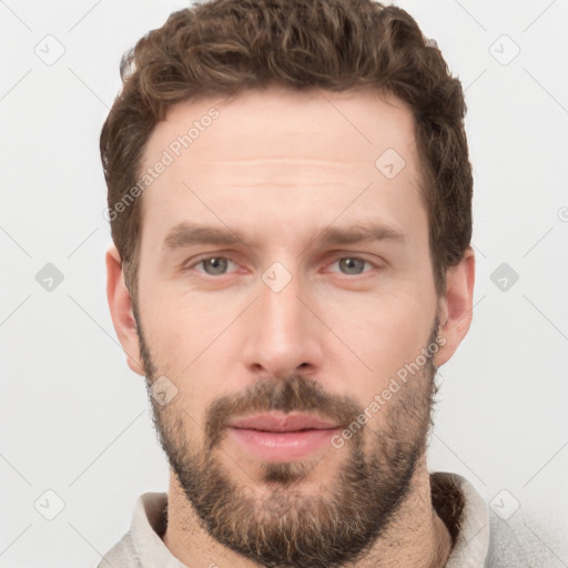 Neutral white young-adult male with short  brown hair and grey eyes