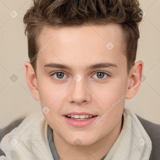 Joyful white child male with short  brown hair and brown eyes