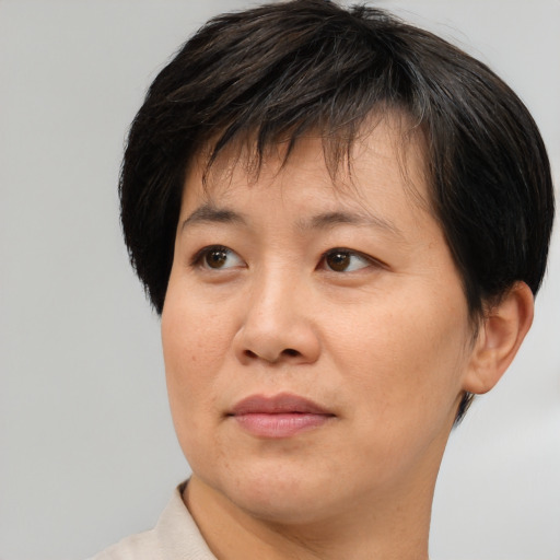 Joyful asian adult female with short  brown hair and brown eyes