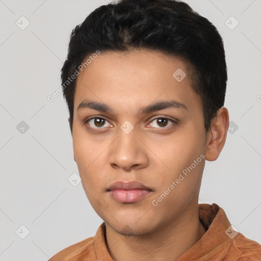 Neutral latino young-adult male with short  black hair and brown eyes