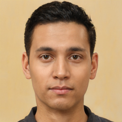 Neutral latino young-adult male with short  black hair and brown eyes