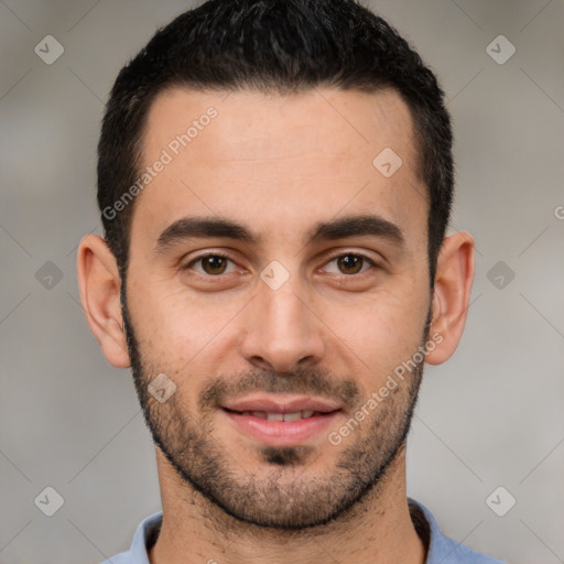 Joyful white young-adult male with short  black hair and brown eyes