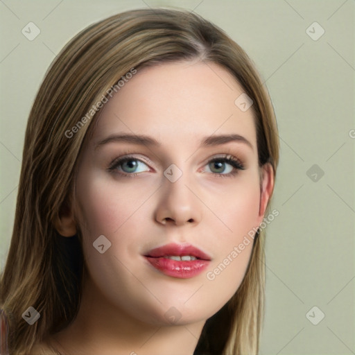 Neutral white young-adult female with long  brown hair and green eyes