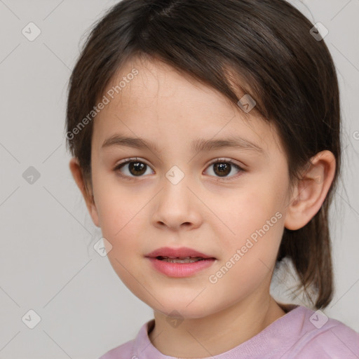 Joyful white child female with medium  brown hair and brown eyes