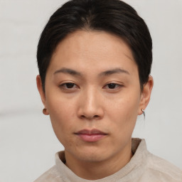 Neutral asian young-adult female with short  brown hair and brown eyes