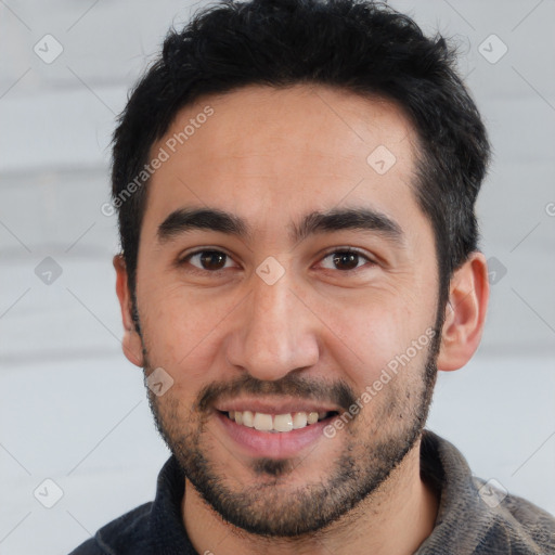 Joyful white young-adult male with short  black hair and brown eyes