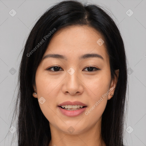 Joyful asian young-adult female with long  brown hair and brown eyes