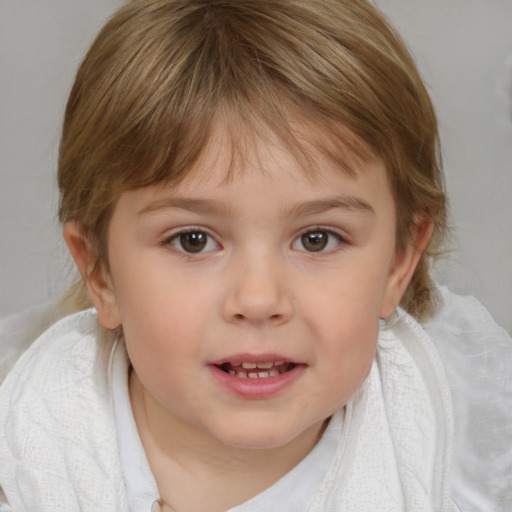 Joyful white child female with medium  brown hair and blue eyes