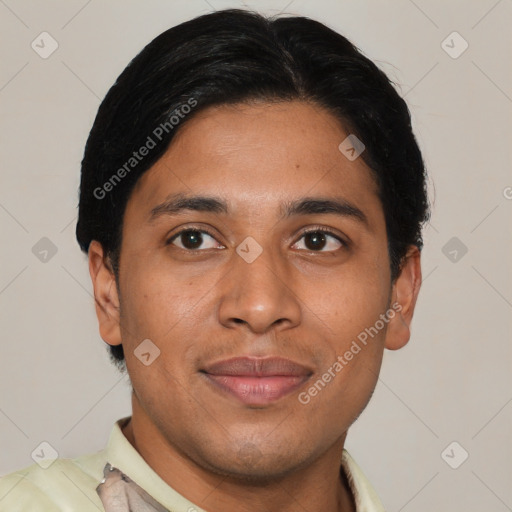 Joyful latino young-adult male with short  black hair and brown eyes